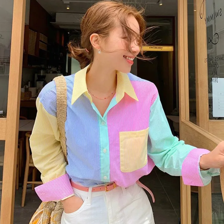 Korea Summer Women Fashion Hit Color Striped Long Sleeve Casual Shirts 2024 Female Turn Down Collar Chic Casual Blouses Top