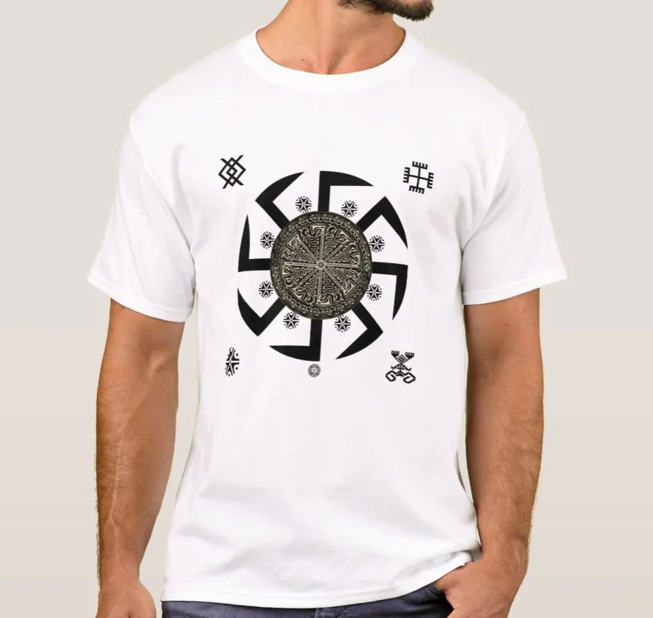 Strength, Dignity, Sun and Fire. Slavic Sun Wheel Kolovrat Symbol T-Shirt. Summer Cotton Short Sleeve O-Neck Mens T Shirt New