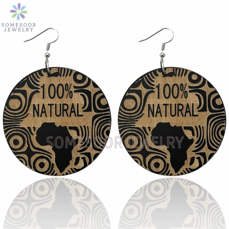 SOMESOOR Engraved 100% Natural Wooden Drop Earrings Craved African Map Tribal Pattern Ethnic Loops Dangle Jewelry For Women Gift