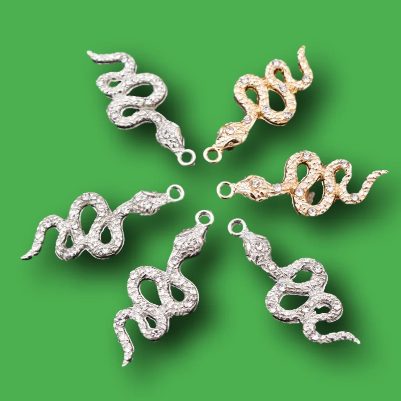 8pcs Handmade Rhinestone Snake Metal Pendants DIY Charms Necklace Earring Jewelry Crafts Making For Woman 35*15mm A2221