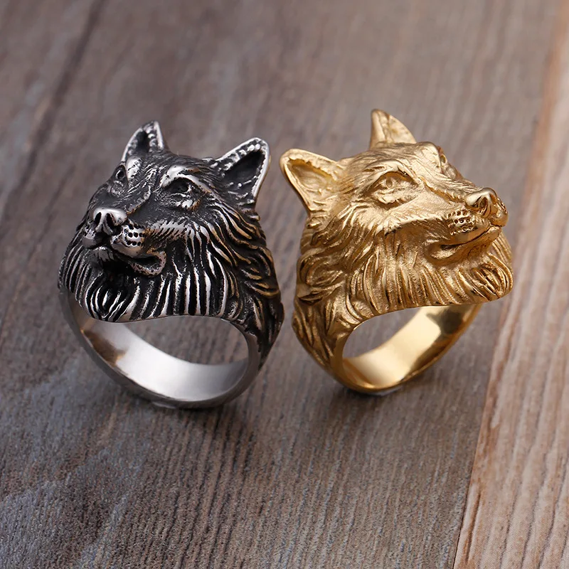 Vintage Handmade Stainless Steel Plated Gold Personality Domineering Men\'s Wolf Head Ring