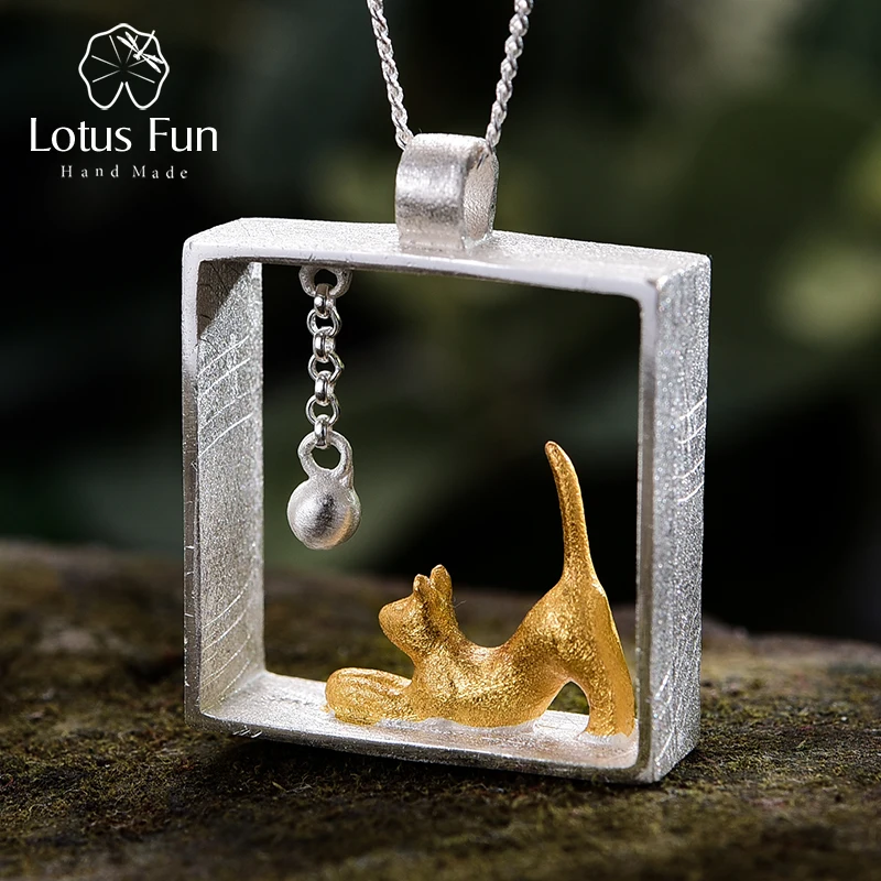 lotus fun real 925 prata esterlina designer joias finas 18k ouro moda gato jogando bolas pingente sem colar para mulher 01