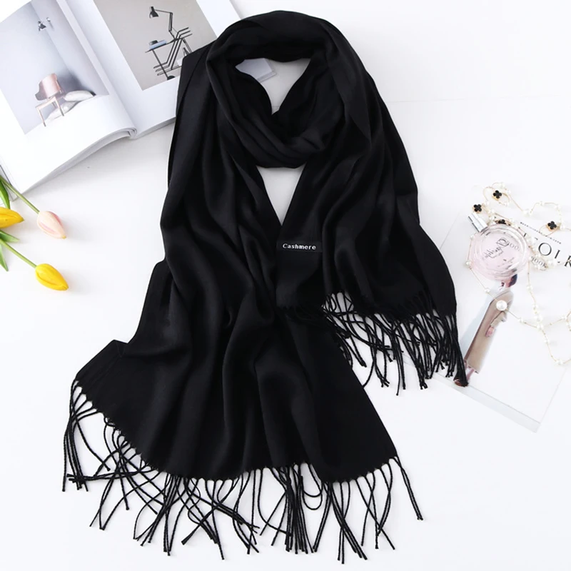 Women Cashmere Scarves with Tassel 2019 Autumn New Soft Solid Color Warm Long Wraps Scarf Casual Lady Winter Foulard Head Shawl