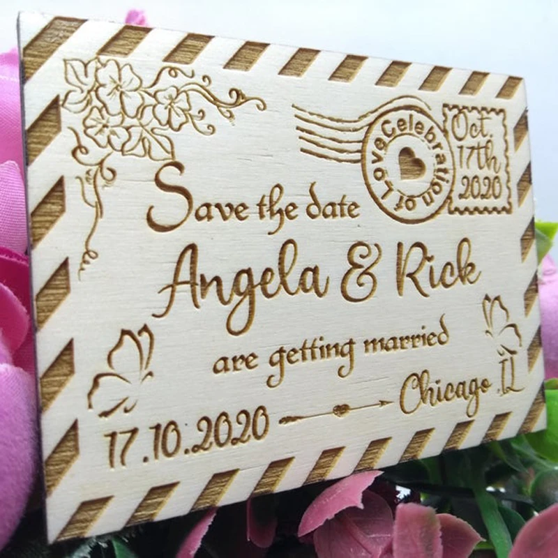 Personalized Unique and Elegant Save the date Wooden Magnets with Floral Design,Rustic Wood Flowers Postcards Wedding Magnets