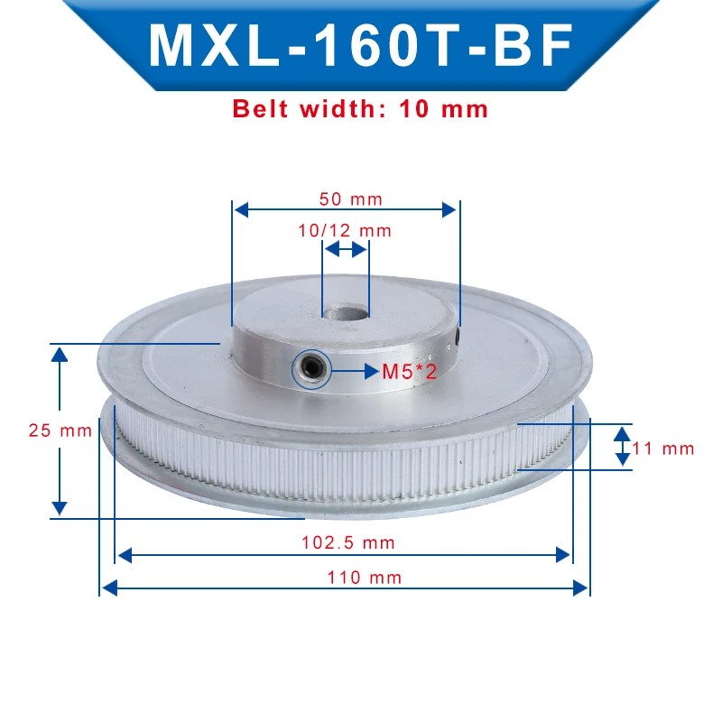 MXL-160T Koło rozrządu Rozmiar otworu 10/12 mm Szerokość szczeliny koła pasowego 11 mm Dopasowanie do szerokości 10 mm Pasek rozrządu MXL do drukarek 3D