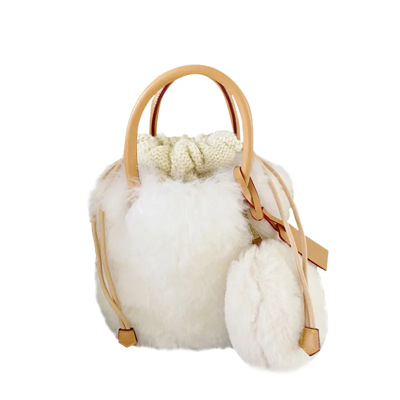 Winter Luxury Fashion Real Lamb Wool Fur Bucket bag Ladies Fashion Clutch Hand Bag Soft Leather Shoulder Messenger Bag Purse