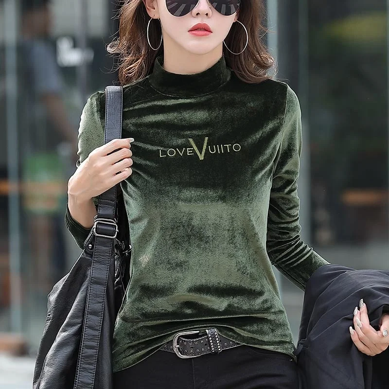 #0320 Winter Long Sleeve T Shirt Women Pleuche Half High Collar Women\'s T-shirt Embroidery Letters Warm Casual Tee Shirt Femme