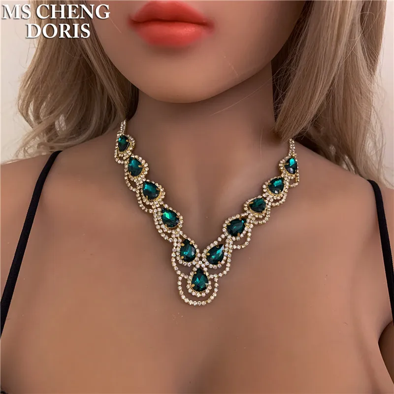 Luxury Royal Blue Crystal Bridal Jewelry Sets Rhinestone Statement Choker Necklace Earrings Women Wedding Jewelry Sets