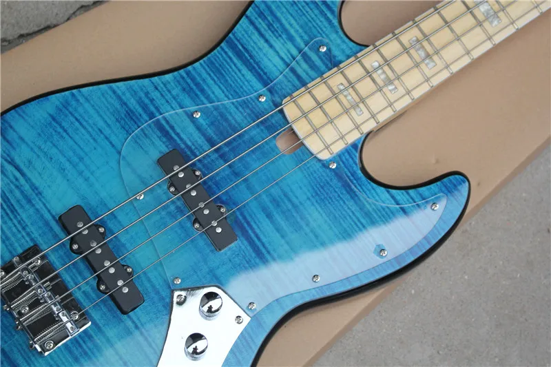 4 strings blue bass ,flamed maple veneer basswood body,pearl shell inlay ,maple neck，Acrylic guard plate