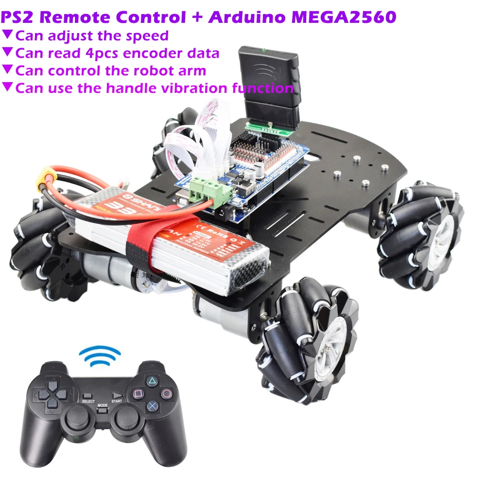 PS2 RC Smart Mecanum Wheel Robot Car Omni-Directional Kit for Arduino Mega2560 with 12V Encoder Motor DIY Project STEM Toy