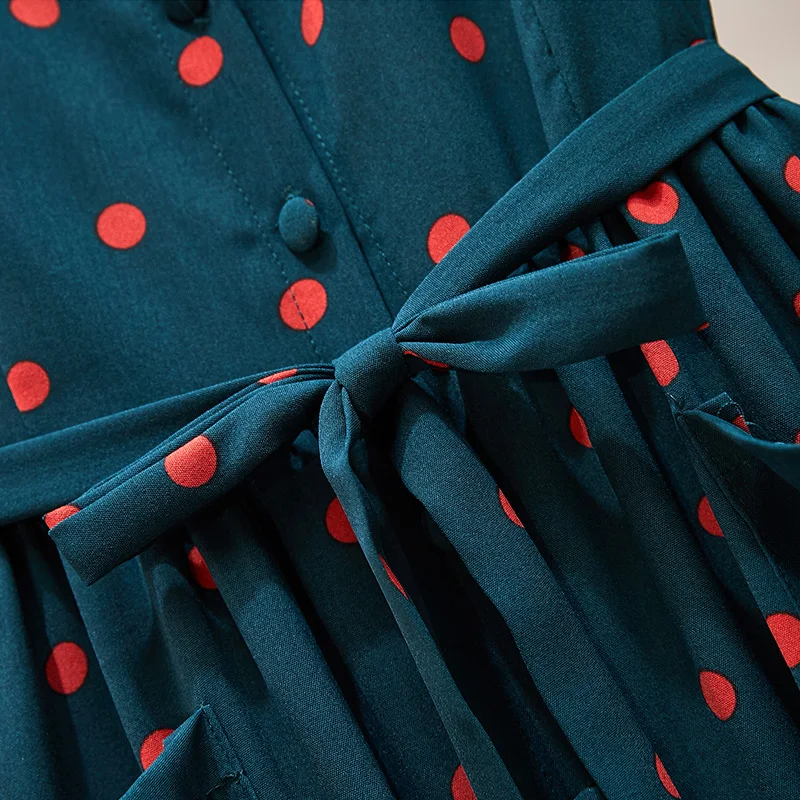 Elegant Green Print Polka Dot Vintage Slim Mid Dresses Women 2022 Casual High Waist Square Collar Belt Simlple Summer Dress