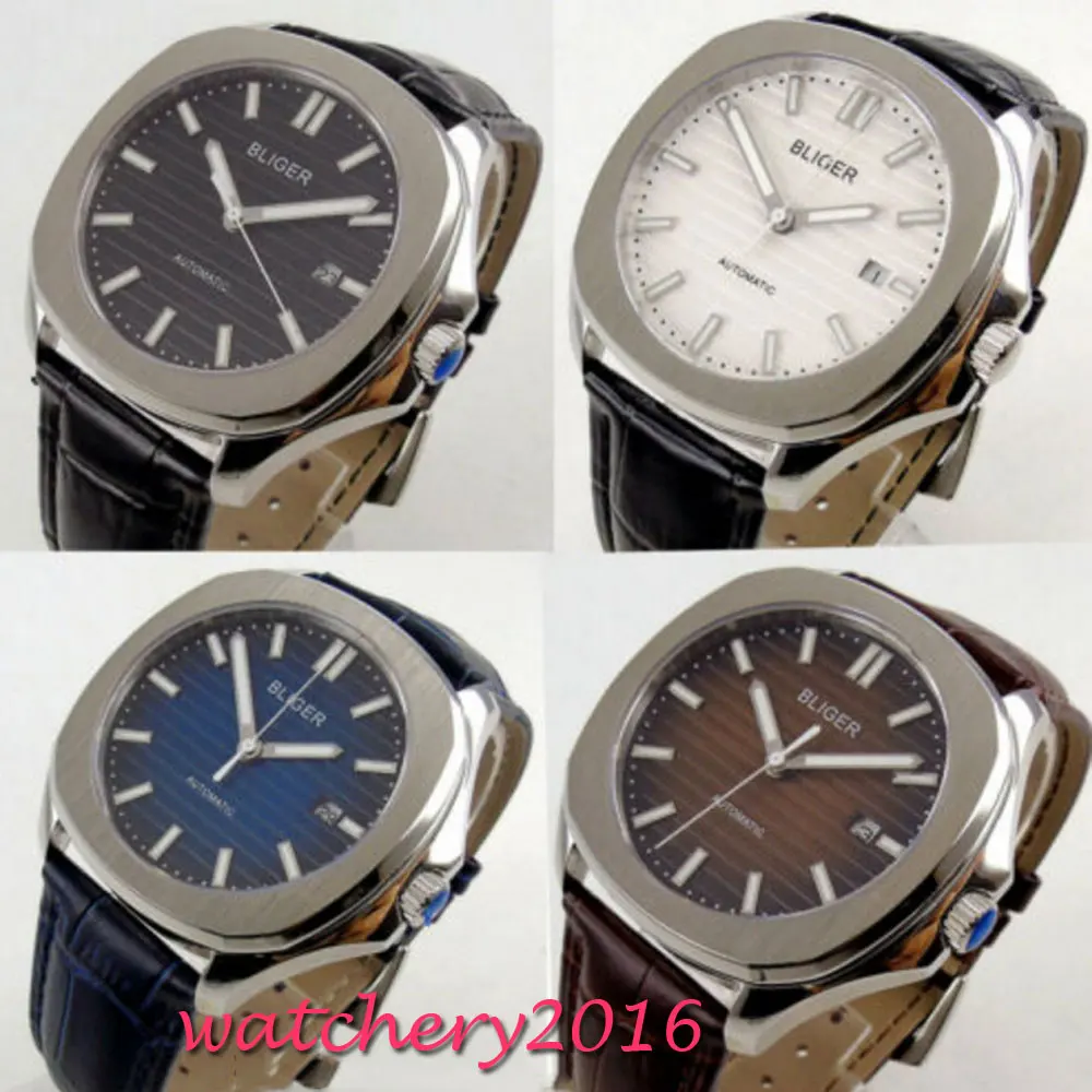 

40mm BLIGER blue black dial sapphire crystal date automatic square mens watch