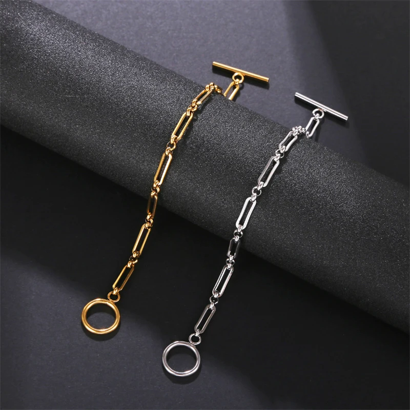 

New Fashion Jewelry Women's Holiday Gift High Quality OT Buckle 18k Gold Plated Manual Paper Clip Chain Stainless Steel Bracelet