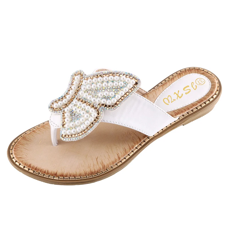 New Breathable Ladies Sandals Slippers Bohemia Rhinestone Pearl Butterfly Decorative Women\'s Shoes Summer Beach Dress Flip Flops