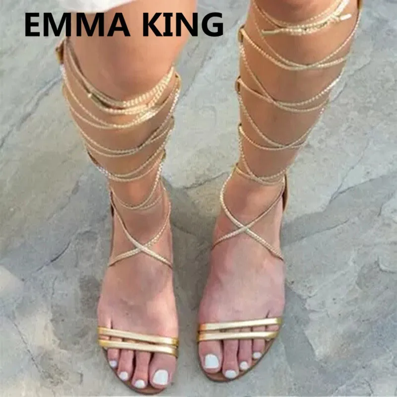 New Gold Lace Up Cross Over The Knee Women Flat Sandals Open Toe Summer Boots CutOut Ladies Casual Shoes Woman Gladiator Sandals