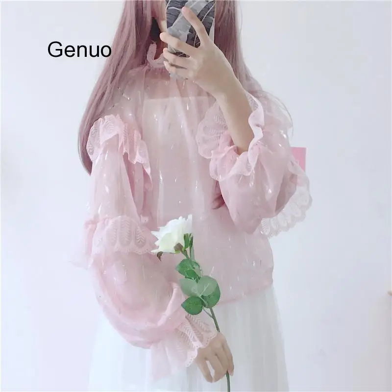 Japanese Lolita Style Women Blouse Spring Autumn White Pink Shiny Ruffles Female Blusa Cute Kawaii 2 Pcs Chiffon Shirt With Lace