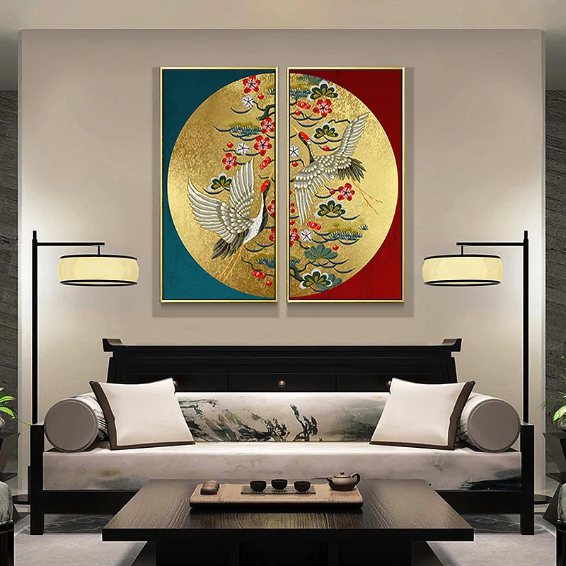 

EECAMAIL DIY Full 5D Diamond Painting No Frame Chinese-style golden Fairy Crane Living Room Point Diamond Couplet Painting