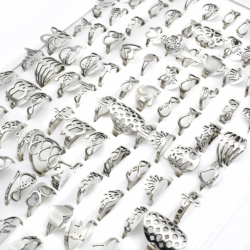 

50 Pieces/Lot Butterfly Bowknot Heart Letter Design Stainless Steel Rings for Women Mix Cute Wedding Fashion Jewelry Wholesale
