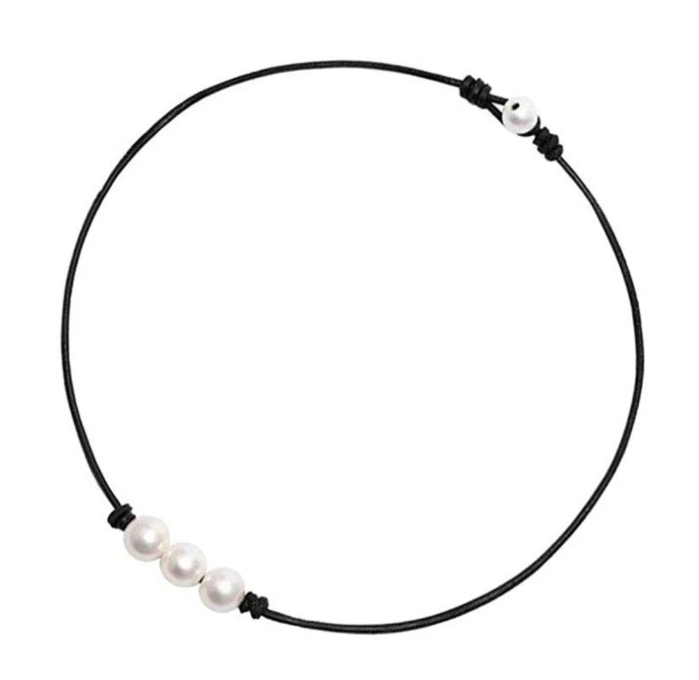New Women Black Leather Cord Three Pearl Pendant Knot Choker Necklace Jewelry Cord Knotted Necklaces Handmade Jewelry