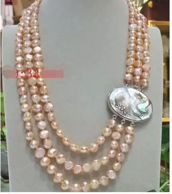 

HOT## Wholesale natural 3Rows 8-9mm gold pink pearl necklace & beauty shell flower clasp 17"-20"