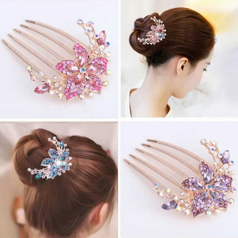 Exquisite bridal hair jewelry crystal ladies rhinestone flower pan head five-tooth comb jewelry handmade gift jewelry