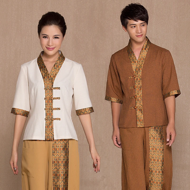 Uniforme de massage thaïlandais, ensemble haut et pantalon en polyester, vêtements de travail pour club de beauté, uniforme de salon de santé,