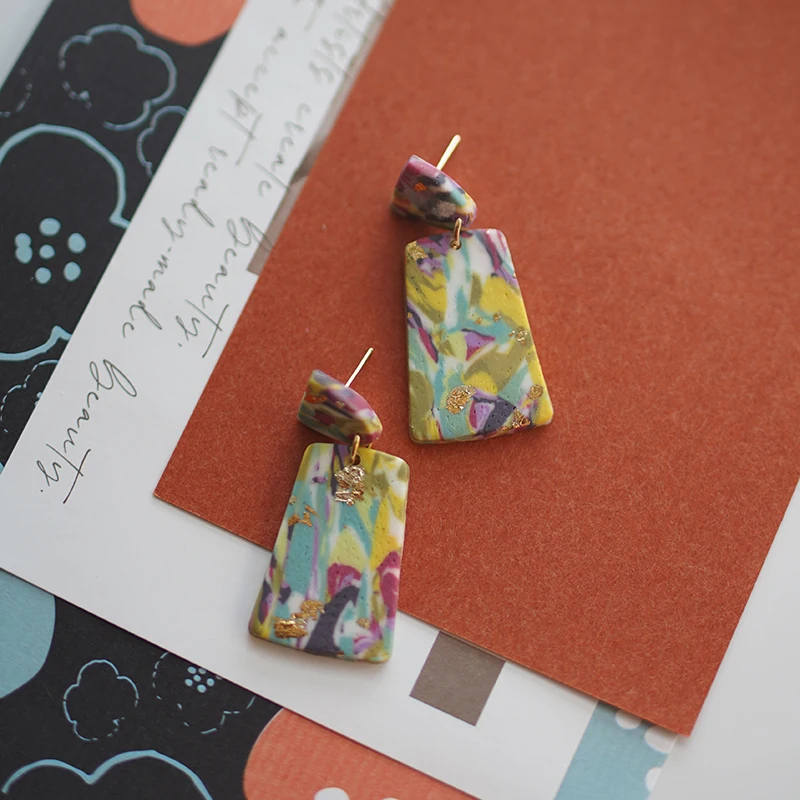 Stone Effect Marble Abstract Polymer Clay Colorful Pattern Geometric Dangle Pendant Statement Earrings Sets Jewelry For Party