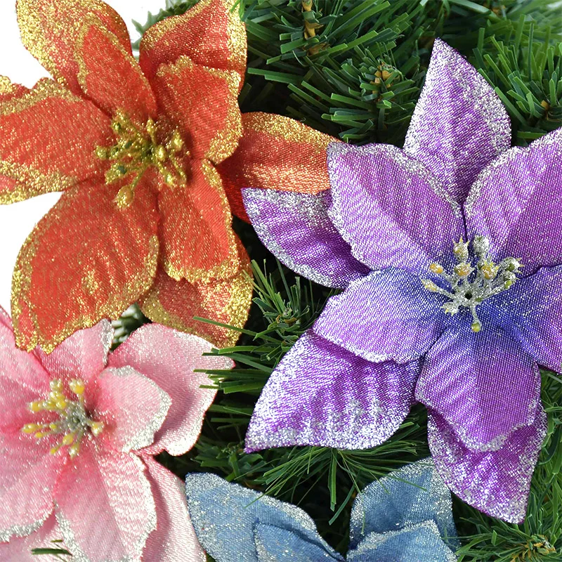 5pcs Gllitter Poinsettia Fake Flowers Artificial Flowers Chrsitmas Decoration For Home Navidad Xmas Tree New Year Party Decor