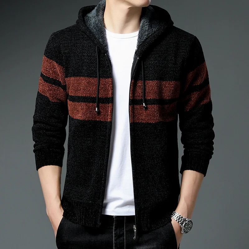 Men\'s Jacket Autumn Winter New Fleece Thick Knit Cardigan Warm Sweaters Coat Korean Hoodies Loose Casual Hooded Striped Sweater