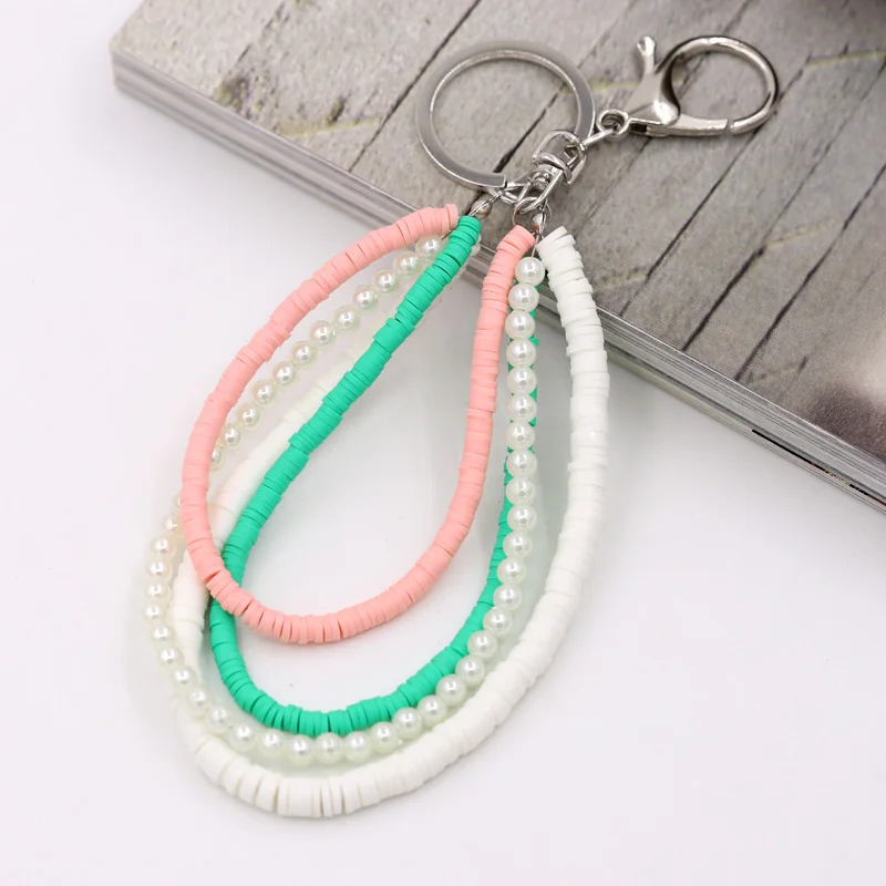 Bohemian Handmade Jewelry Key Chain Multilayer Polymer Clay Pearl Accessories Keychains for Women Bag Car Keyring Pendant