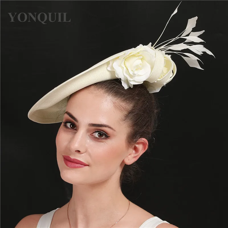 Beige Cocktailhut mit Blume Hochzeit Haarschmuck Kentucky Derby Fascinator Kopfbedeckung Hochwertiges Leinenimitat SYF666 – Detail 11