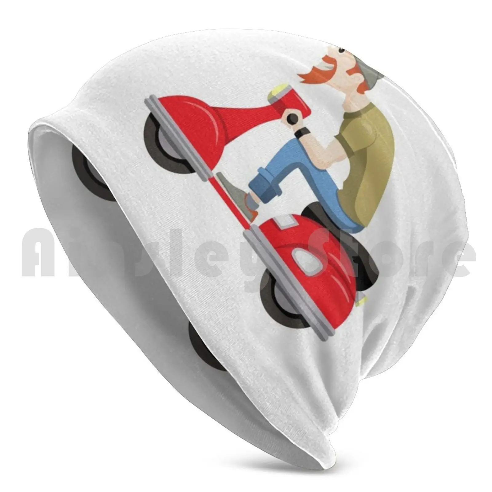 Guy With Beard And Hat On A Red Scooter Beanies Pullover Cap Comfortable Scooter Hipster Beard