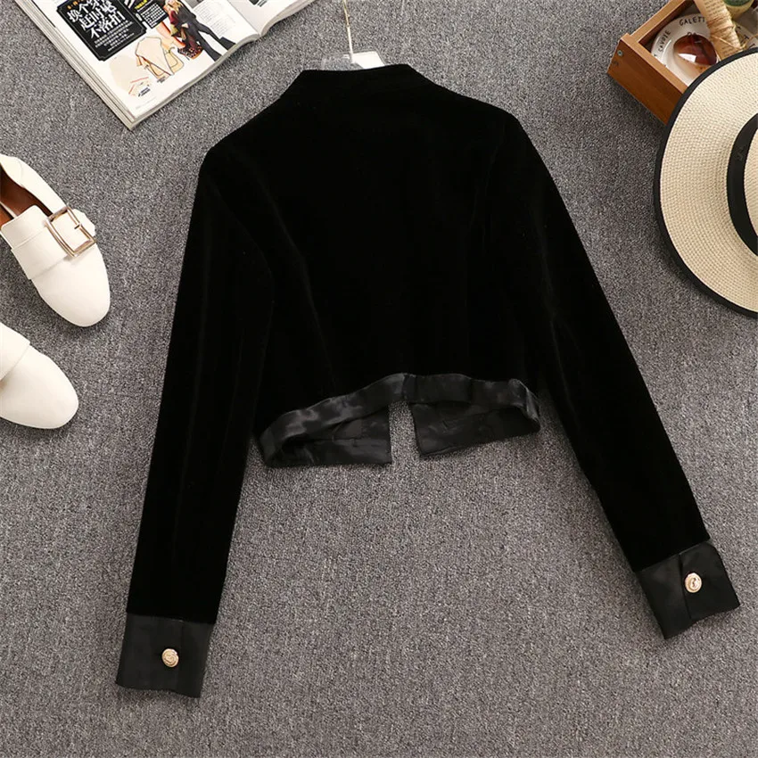 Autumn Two Piece Big Size Vintage Women Gold Velvet Blazer +Gold Velvet Shorts Formal Suits Loose Lady Black Blazer Coat WZ1234