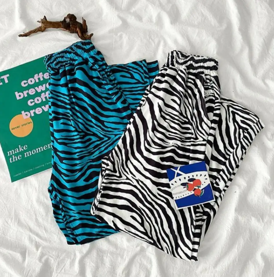 Divertido teste padrão da zebra impresso calças casuais das mulheres pijamas o verão solto selvagem calças largas de cintura alta calças esportivas na moda