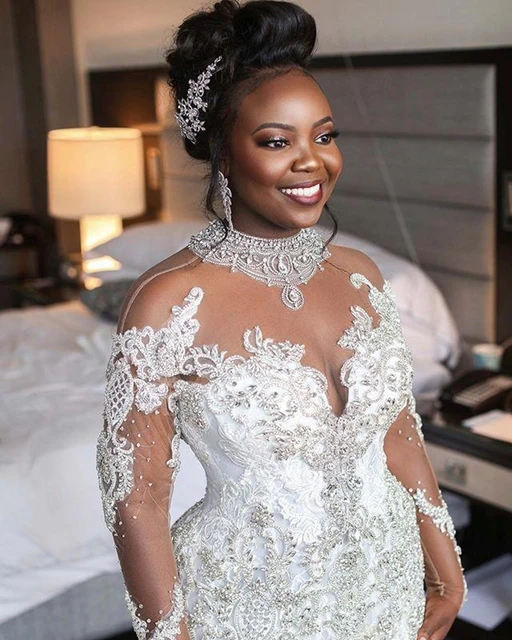 Robe de mariee sirene en dentelle perlee pour femmes africaines robes de mariee de luxe manches longues quel que soit le patient elegant 2023 AliExpress
