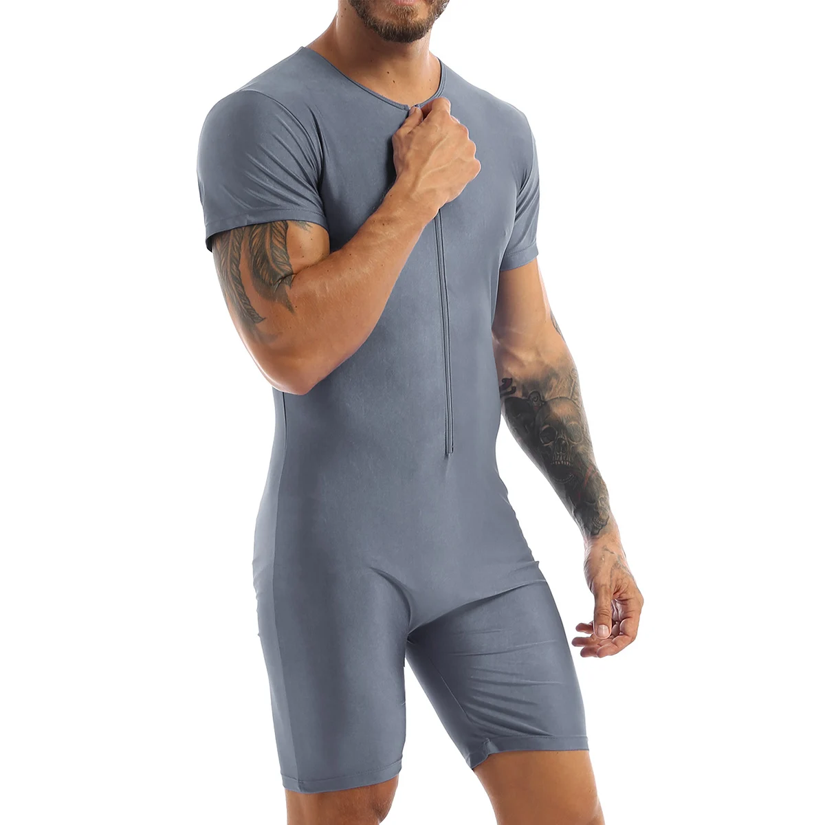 Men\'s Spandex Zipper Front Bodysuit One-piece Workout Dance Biketard Unitard Wrestling Singlet Jumpsuit Gym Yoga Sports Clothing