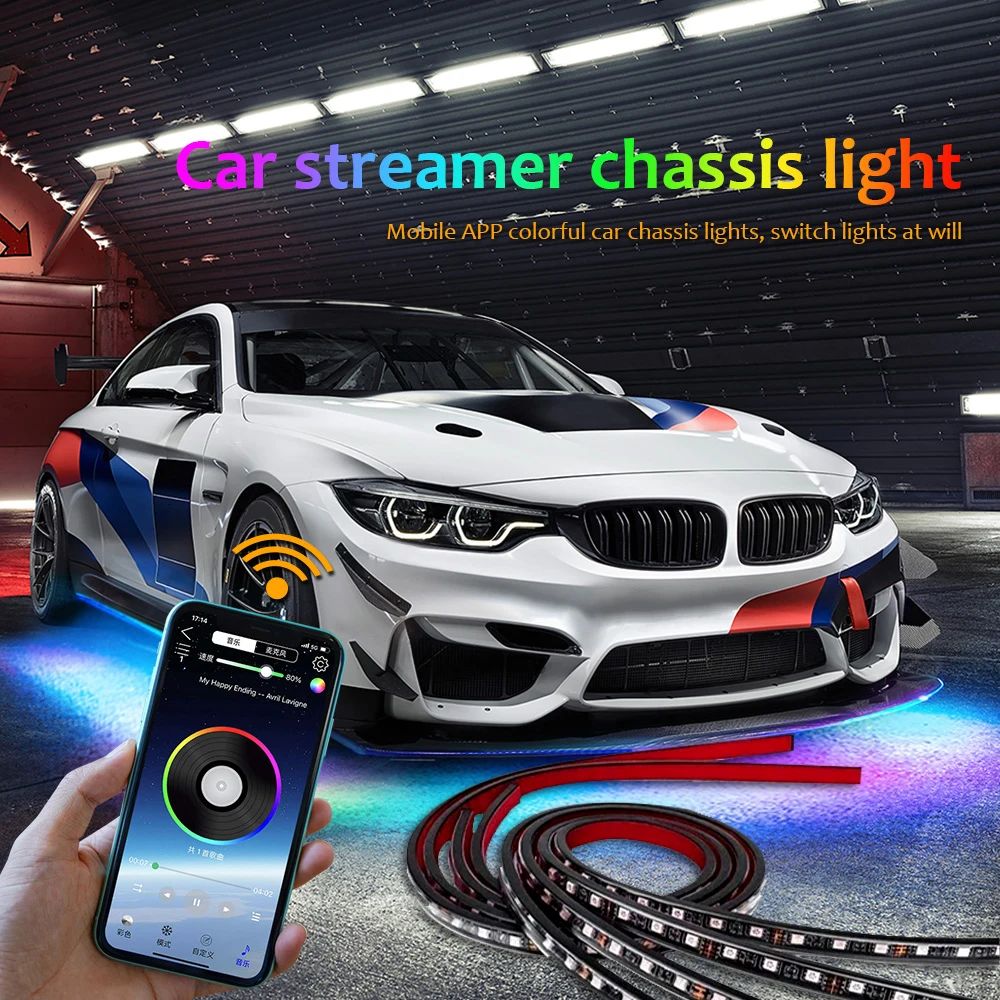 Exterior Car Underglow LED Strip Lights Chasing Neon RGB Light Car Chassis Light Car Bottom Atmosphere Decorative Lights APP 12V