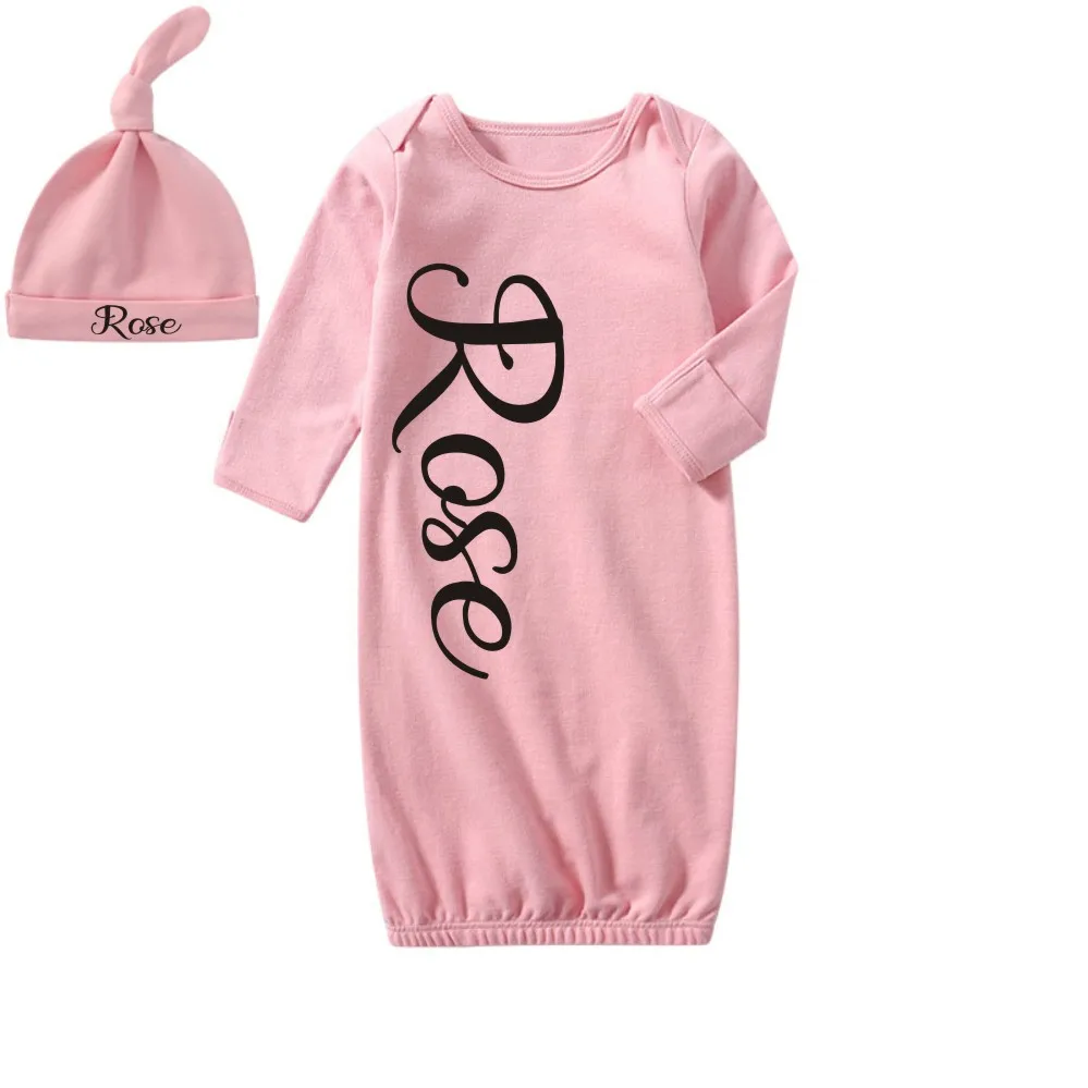 Cama de dormir rosa para menina, roupa para o bebê recém-nascido em casa, vestido personalizado para dormir + chapéu