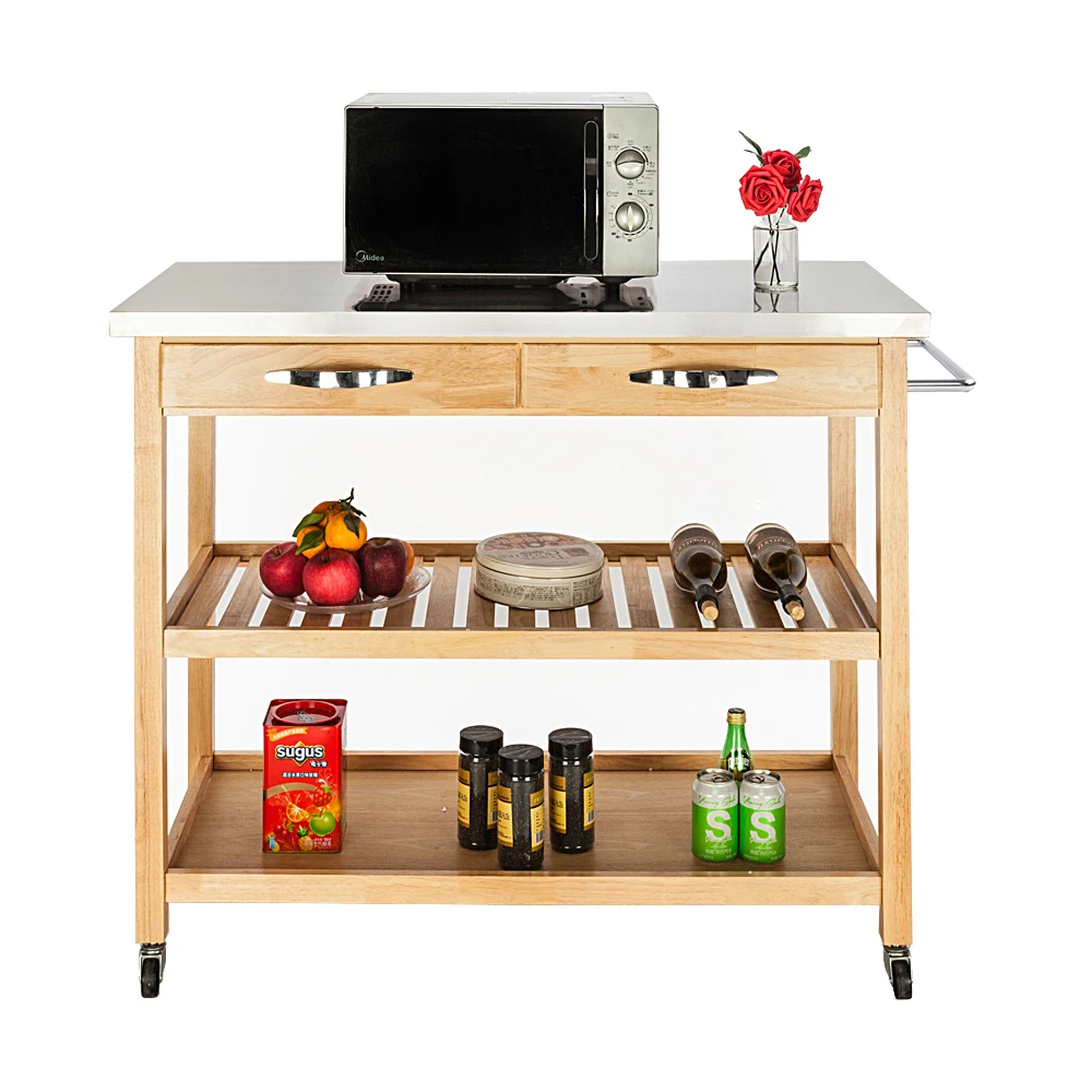 112 x 52 x 93cm FCH Movable Kitchen Cart Dining Cart with Stainless Steel Table Top & Two Drawers & Two Shelves Burly wood