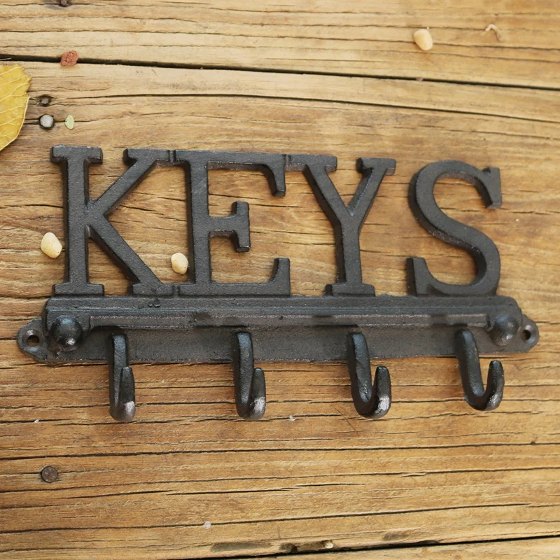 Key Holder - Keys - Wall Mounted Key Hook - Rustic Western Cast Iron Key Hanger - Decorative Key Organizer Rack with 4 Hooks