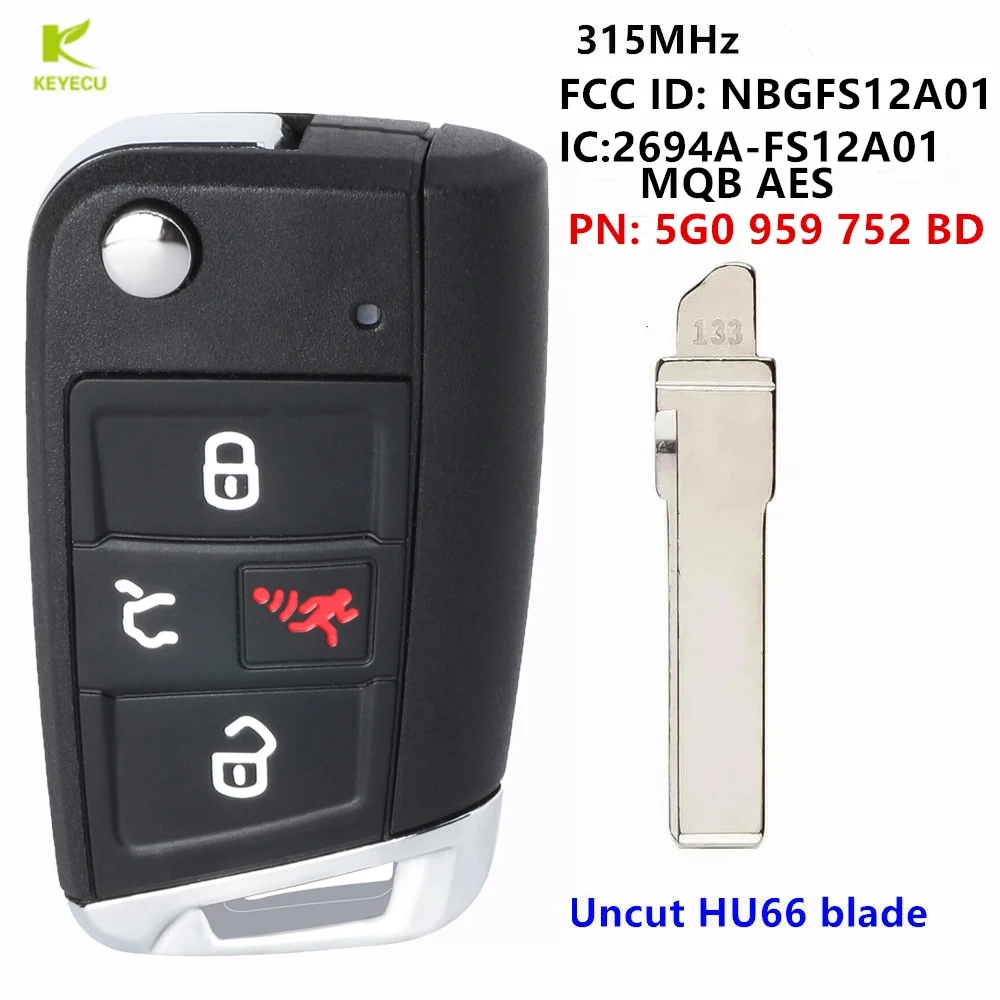 

KEYECU Replacement Keyless Smart Remote Key 4B 315MHZ Megamos AES 5G0 959 752 BD for Volkswagen Golf 2015-2019 FCCID: NBGFS12A01