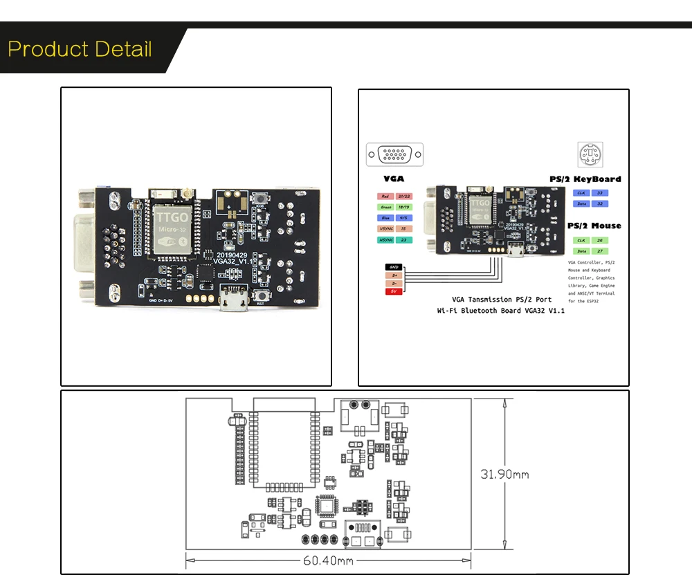 TTGO VGA32-V1.4 Controller PS/2 Mouse And Keyboard Controllers Graphics Library Game Engine / VT Terminal  For The ESP32