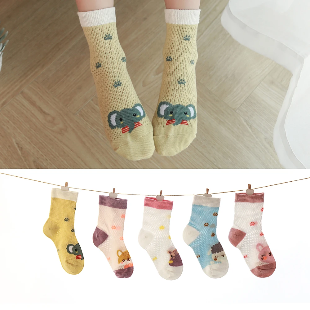 5Pairs/lot Summer Spring Baby Socks Cotton Thin Mesh Cartoon Kids Socks Foot Print Cute Lovely Colorful Children Socks