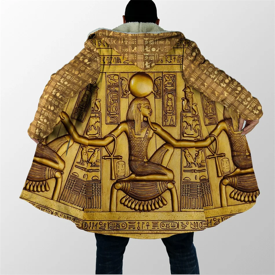 2024 Winter Mens cloak Ancient Egypt Ankh And Symbol 3D Printing Thick Fleece Hooded Coat Unisex Casual Warm Cape coat DP13