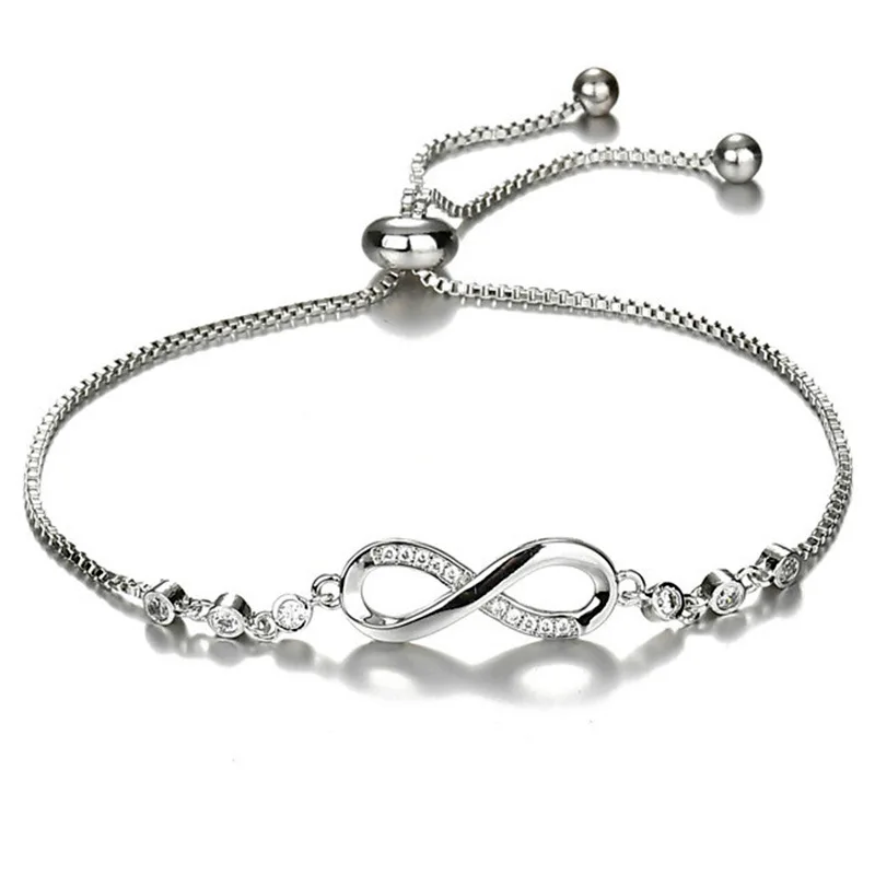 Fashion CZ Stone Infinity Bracelet Silver Plated Adjustable Pull Push Bracelet