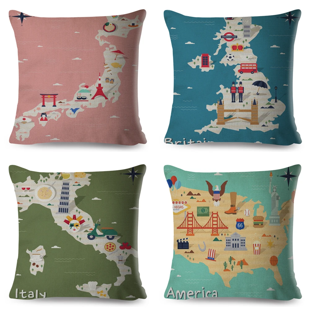 USA Italy France National Cushion Cover Decor Geometric Cartoon Map Polyester Pillowcase Pillow Case for Sofa Car Home 45x45cm