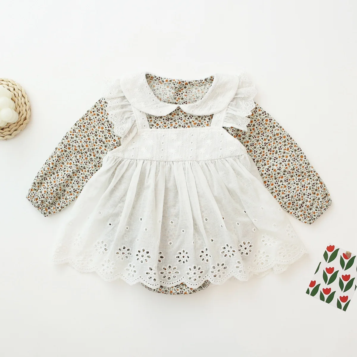 Spring Toddler Infant Baby Girl Lace Bodysuit Long Sleeve Kids Girl Floral Lace Apron Lolita Jumpsuit Outwear