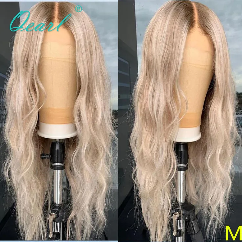 Natural Lace Front Wig for Women Real Human Hair Lace Frontal Wig Ombre Light Blonde Ash Highlights Wavy Full Lace Wig Qearl