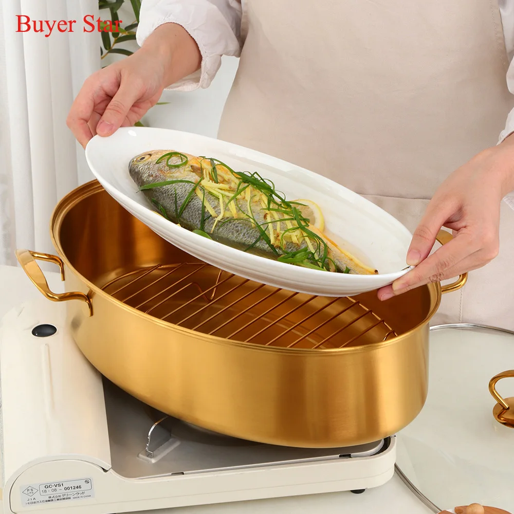 Kitchen Cooking Stainless Steel Multi-Use Oval Korean Soup Pot Steamed Food Fish Pot Roaster with Rack Ceramic Plate Cookware