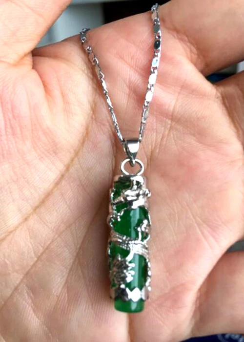 Wholesale/retail special Chinese style natural green JADE WOMEN'S Dragon Pendants + free chain Necklace